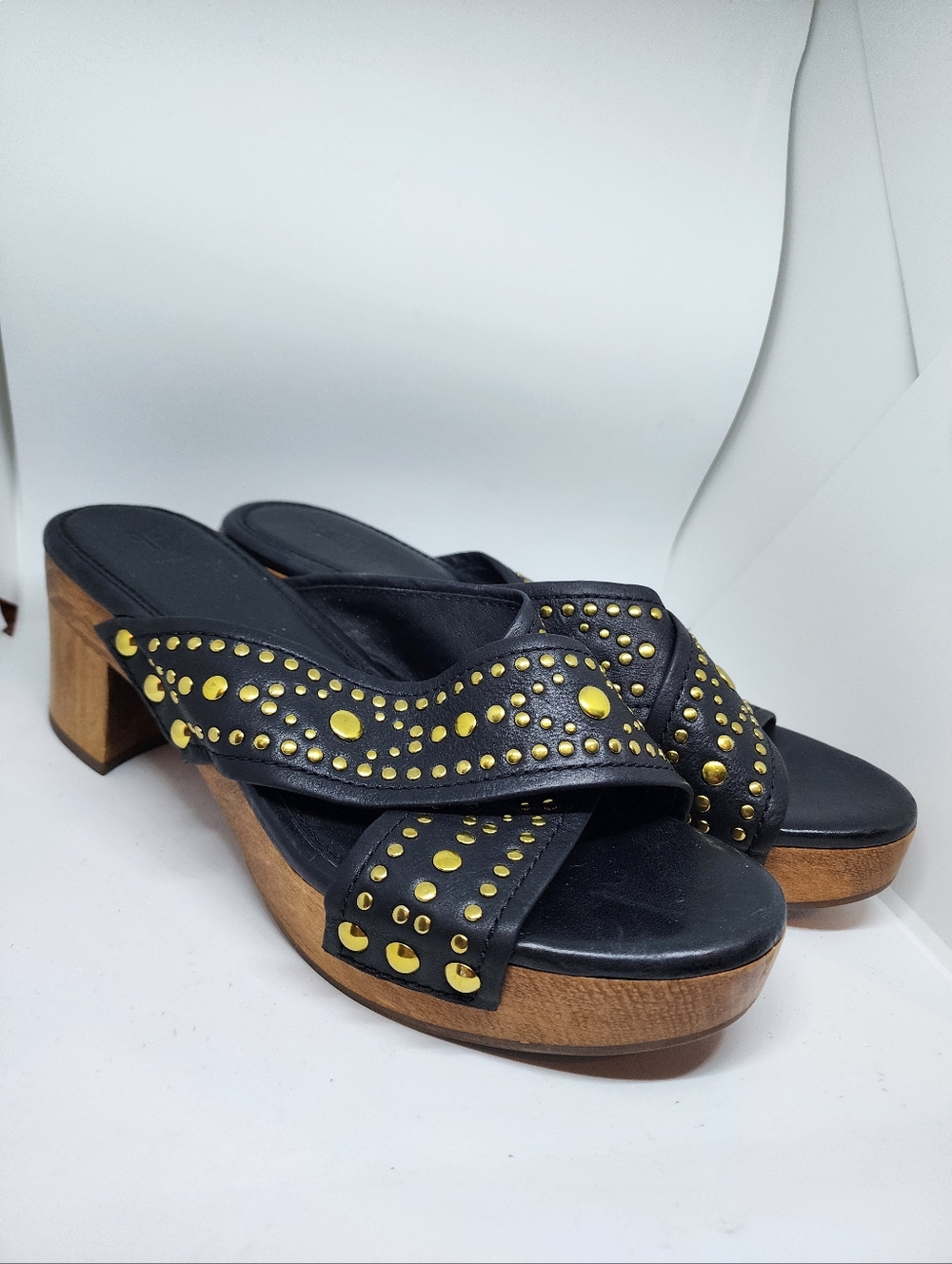 Frye Fiona Deco Studded Black Leather Platform Block Heel Slide Sandals 10M